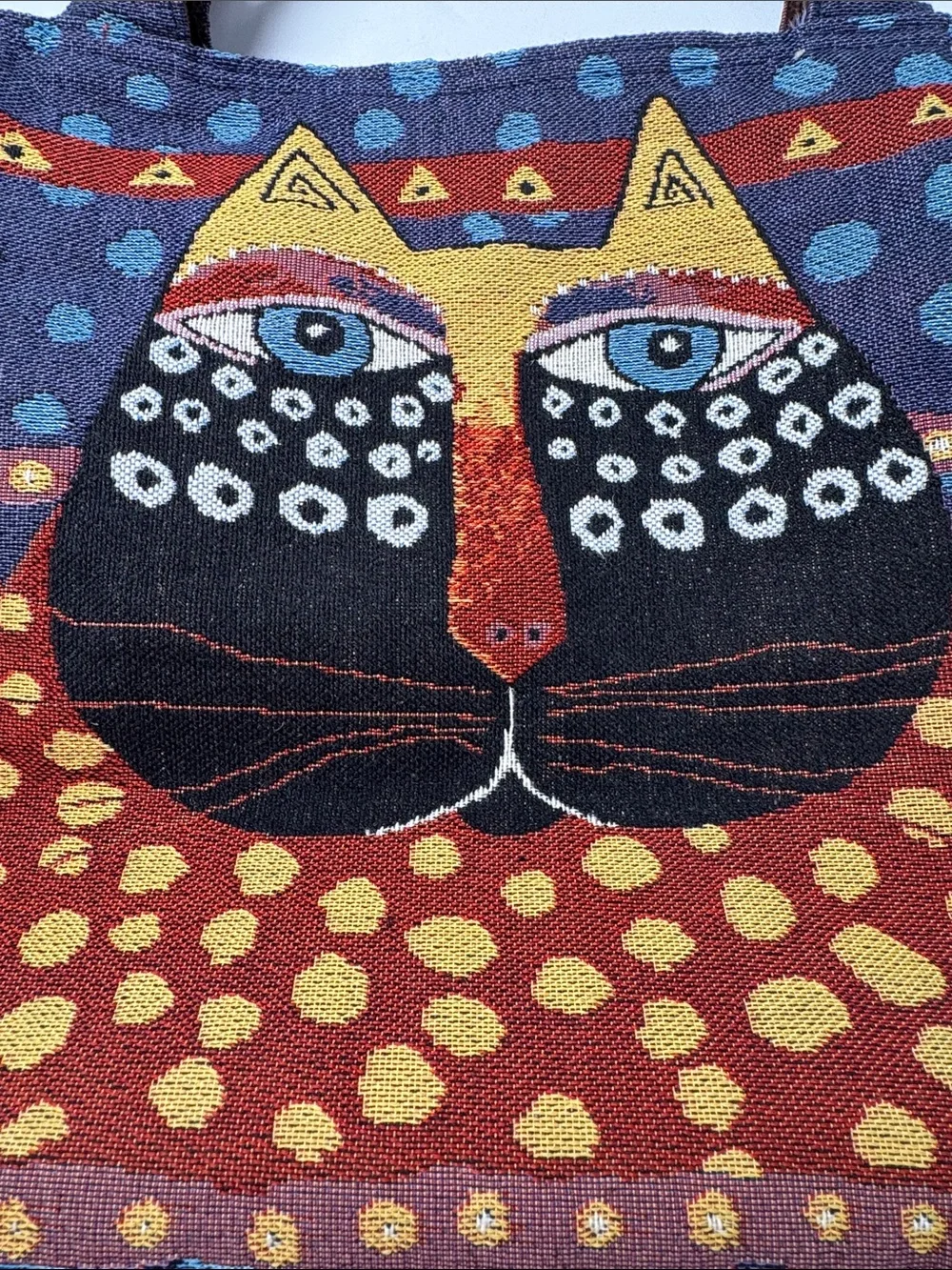 LAUREL BURCH Cat Tapestry Tote Bag Multicolor Brown Velvet Straps Zipper Closure